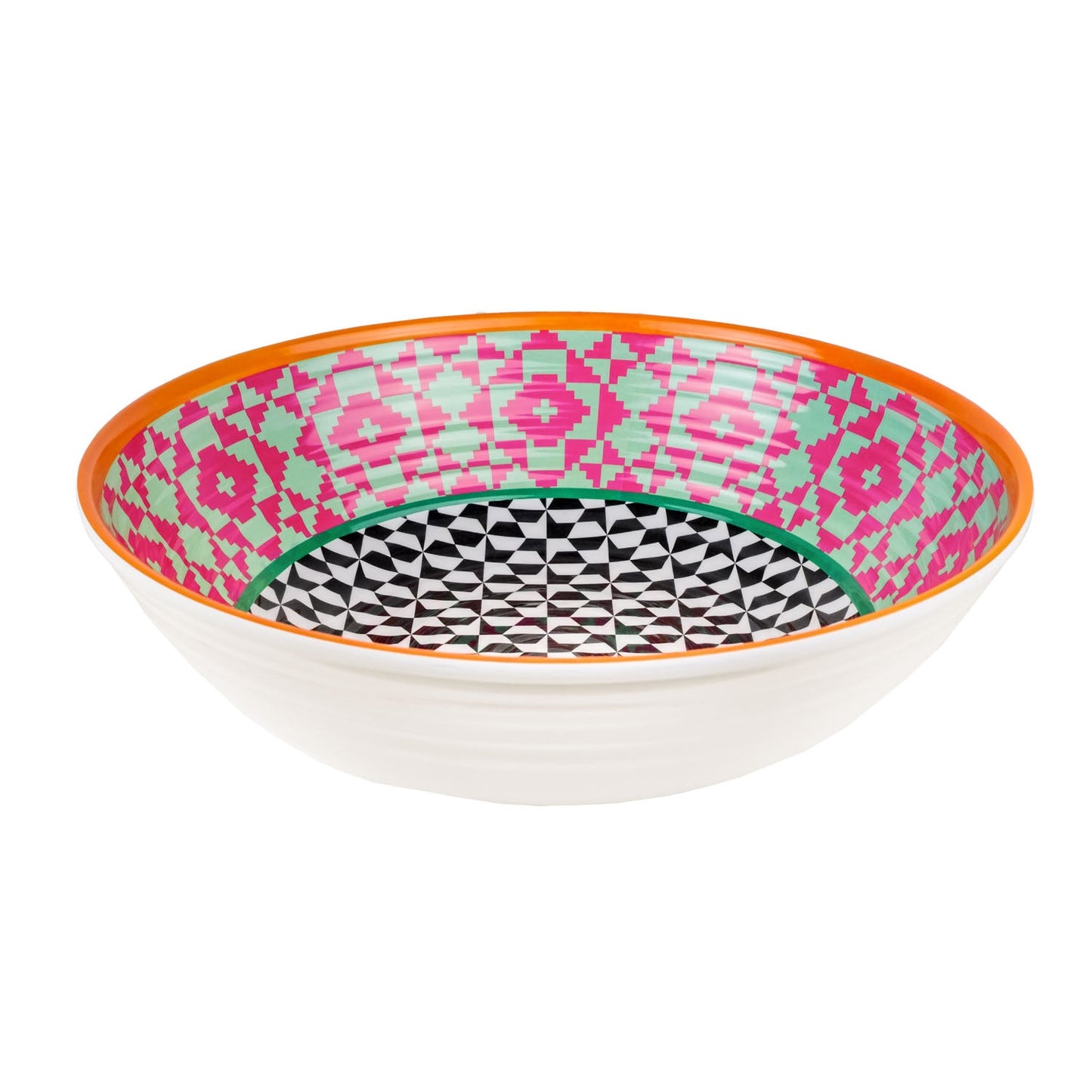 Insalatiera in melamina Vesta modello Ethnic con decoro etnico optical fluo e bordo arancio, lavabile in lavastoviglie