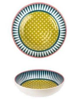 Set 2 piatti fondi in melamina Vesta modello Modern con decoro fluo geometrico vista dall'alto e di fianco, lavabili in lavastoviglie