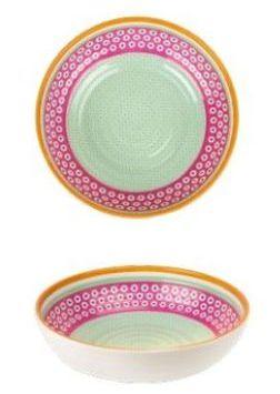 Set 2 piatti fondi in melamina Vesta modello Ethnic con decoro fluo geometrico vista dall'alto e di fianco, lavabili in lavastoviglie