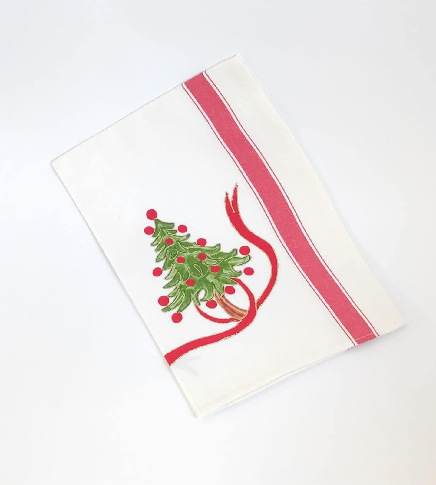 Burazzo in cotone ricamato con albero di Natale e nastro rosso e bordo laterale rosso, tema classico natalizio
