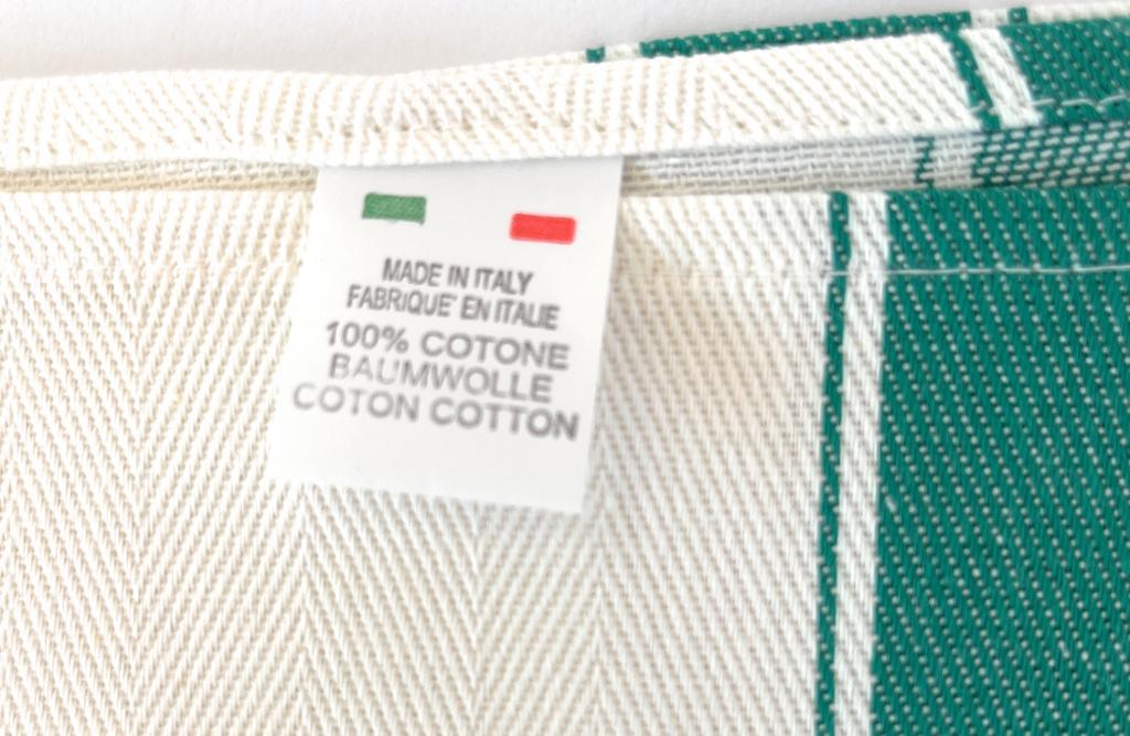 Retro asciuga piatto in cotone con banda verde, con etichetta 100% cotone Made in Italy