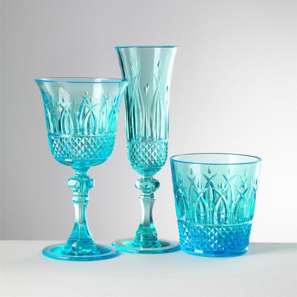 Set bicchieri Italia turchese di Mario Luca Giusti in cristallo acrilico: calice acqua, calice vino e flûte con decoro molato