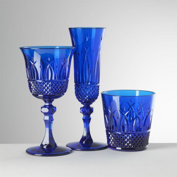 Set bicchieri Italia blu di Mario Luca Giusti in cristallo acrilico: calice acqua, calice vino e flûte con decorazione molata