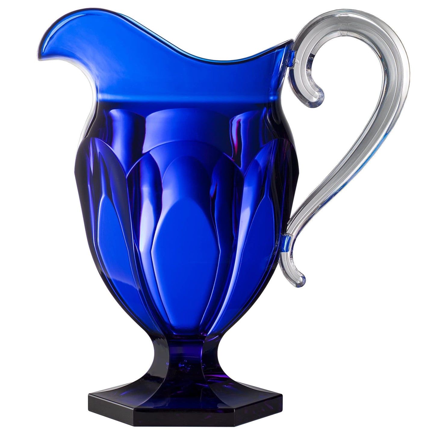 Brocca in cristallo sintetico blu con manico trasparente firmata Mario Luca Giusti - design italiano elegante