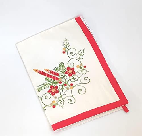 Burazzo natalizio ricamato con candele rosse, agrifoglio e fiori con bordo rosso