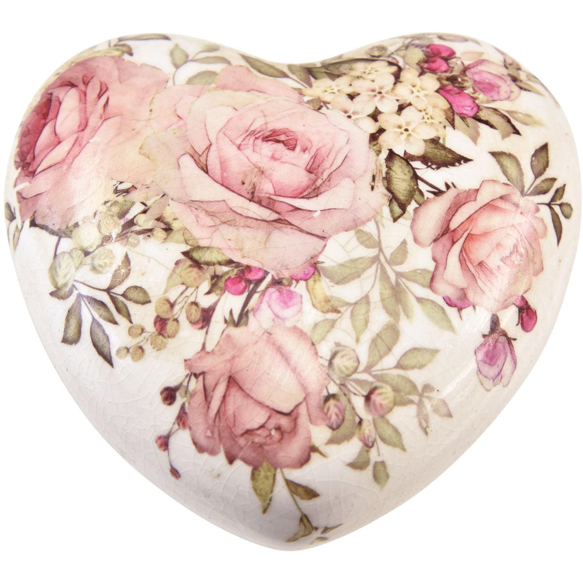 Fermacarte a forma di cuore in ceramica Clayre & Eef decorato con rose rosa e foglie verdi, visto frontalmente