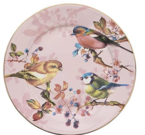 Piatto decorativo rosa Clayre & Eef con uccellini e fiori, stile romantico