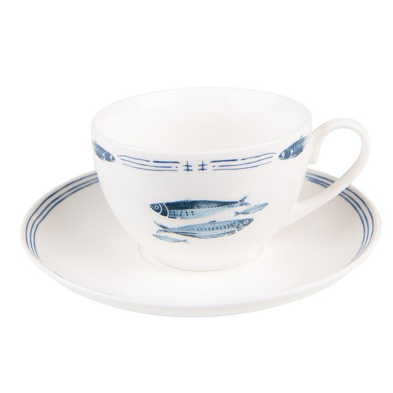 Clayre & Eef Tea Cup and Saucer Set in White Porcelain with Blue Fish, 250 ml