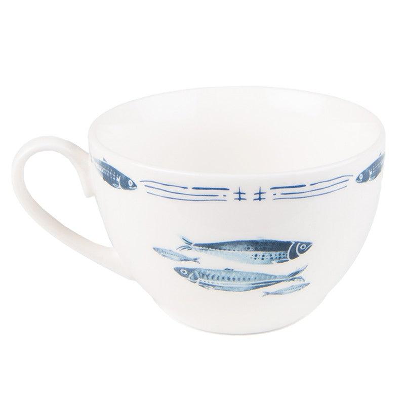 Clayre & Eef Tea Cup and Saucer Set in White Porcelain with Blue Fish, 250 ml