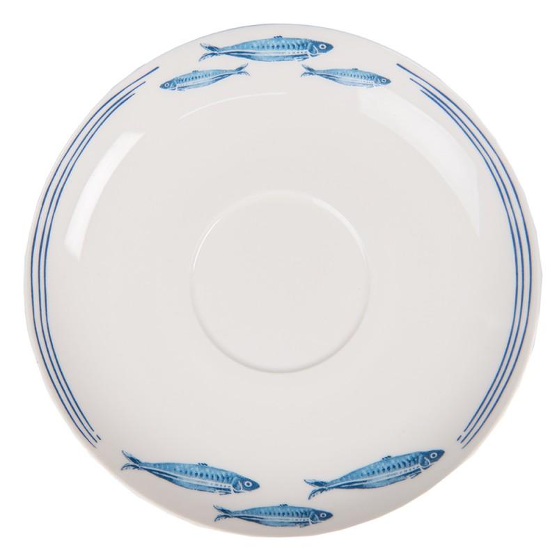 Clayre & Eef Tea Cup and Saucer Set in White Porcelain with Blue Fish, 250 ml