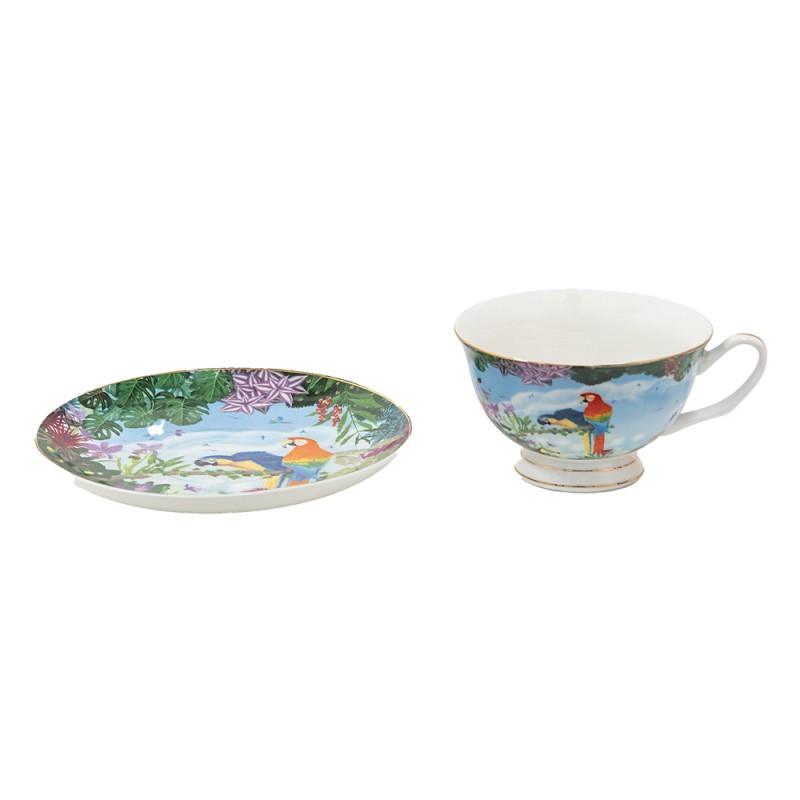 Clayre & Eef Porcelain Tea Cup and Saucer Set with Parrots, 200 ml