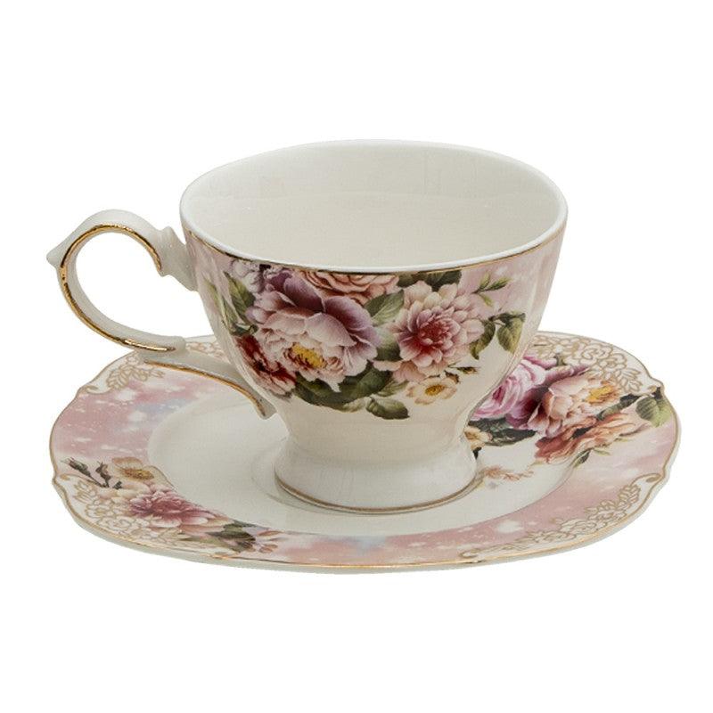 Clayre & Eef Set of 2 Porcelain Tea Cups and Saucers with Roses, 200 ml