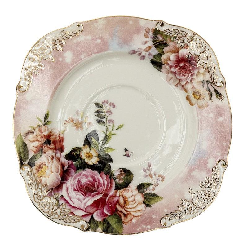 Clayre & Eef Set of 2 Porcelain Tea Cups and Saucers with Roses, 200 ml
