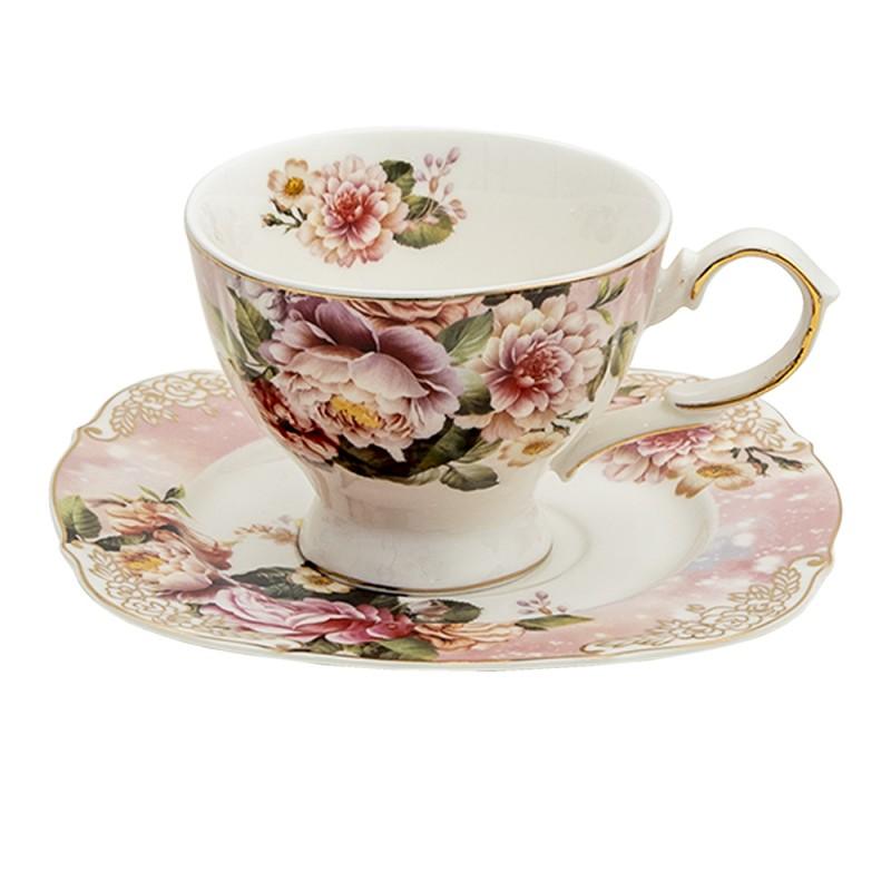 Clayre & Eef Set of 2 Porcelain Tea Cups and Saucers with Roses, 200 ml