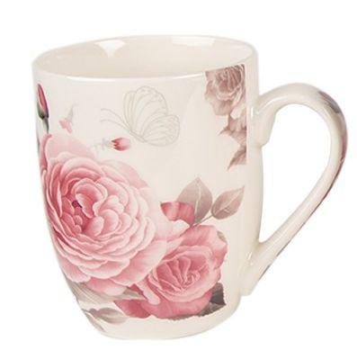 Clayre & Eef White Porcelain Mug with Roses, 300 ml