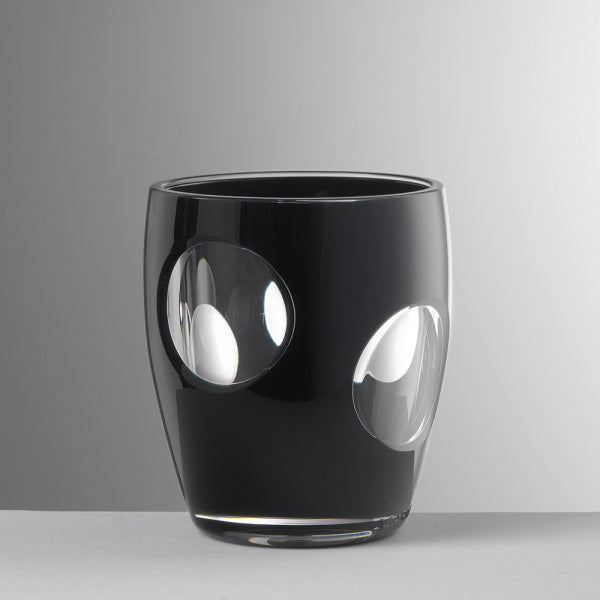 Bicchiere Fish Eye nero in acrilico con oblò trasparenti, design estivo Mario Luca Giusti