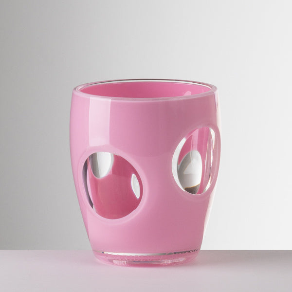 Bicchiere Fish Eye rosa in acrilico con oblò trasparenti, design estivo Mario Luca Giusti