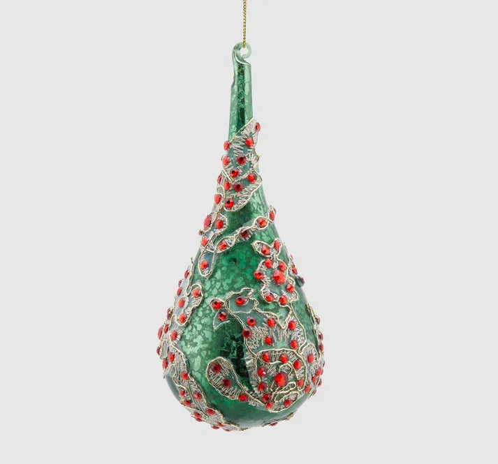 Decorazione natalizia a goccia verde con cristalli rossi e ricami EDG, stile lussuoso