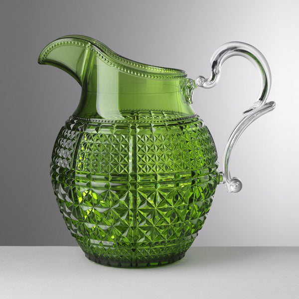 Brocca Halina verde in cristallo acrilico di Mario Luca Giusti con manico trasparente e disegno geometrico