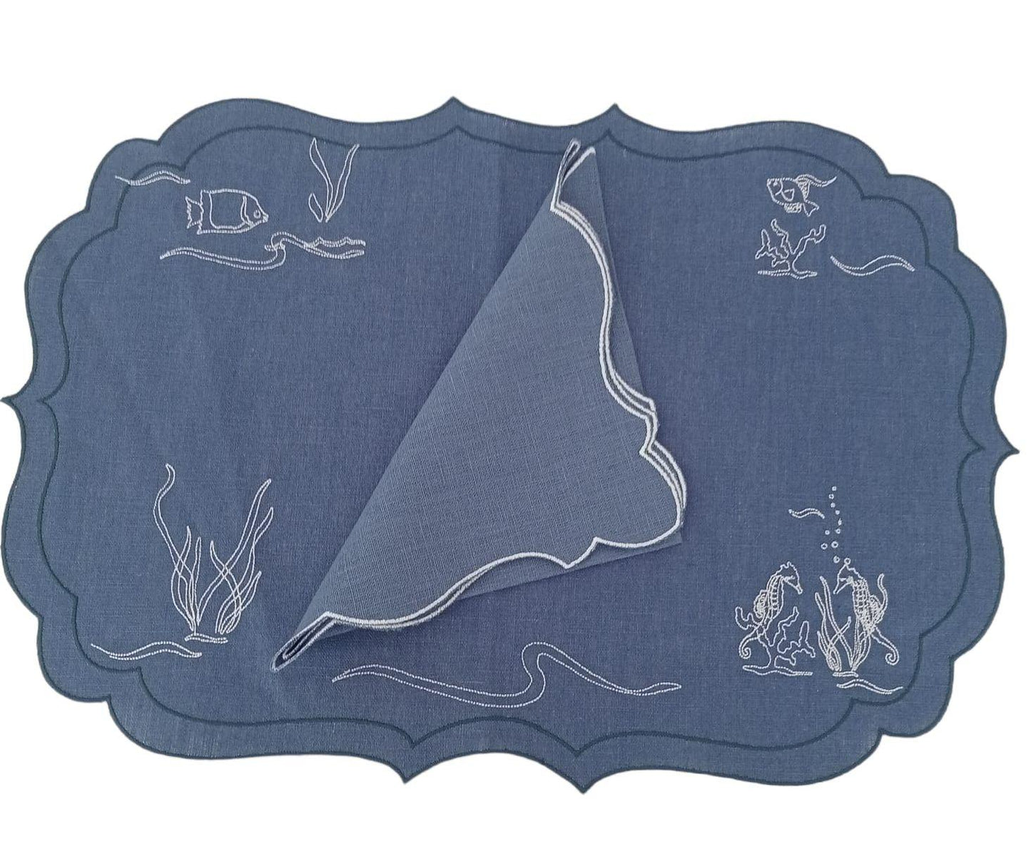 Marika De Paola - Set of 1 Placemat in pure waxed linen with 1 matching napkin - Motif: Aquarium Blue Denim