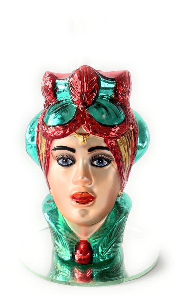 Candelabro testa di Moro donna artigianale in vetro e resina, turbante lucido con colori vivaci e dettagli dorati