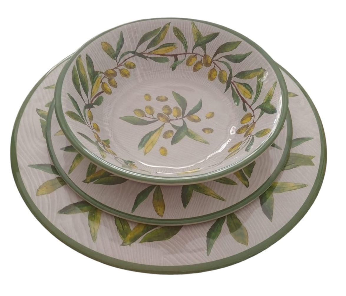 Set piatti in melamina con decoro ulivo: piano, fondo e frutta