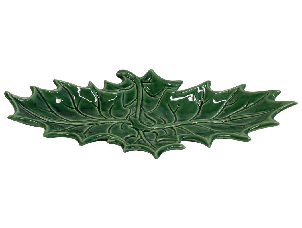 Ceramic Two-Leaf Holly Plate / Tray, Color: Green