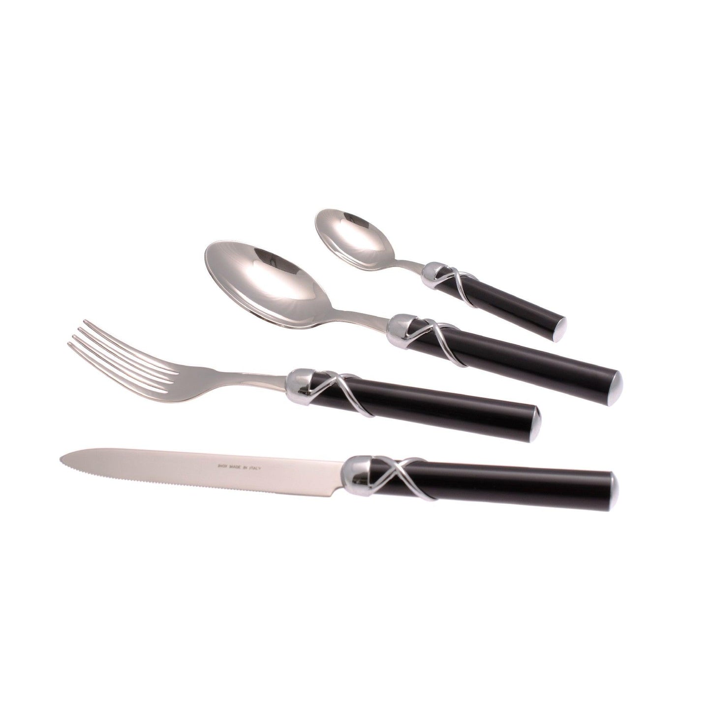 Set posate Fiocco Rivadossi Sandro con manico nero in ABS e ghiera cromata, acciaio inox 18/10