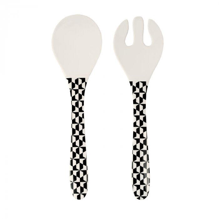 Set posate da insalata in melamina Vesta modello Ethnic con manico grafico black & white, lavabili in lavastoviglie