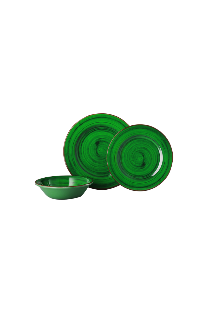 Set piatti verdi Saint Tropez di Mario Luca Giusti in melamina effetto pennellato: piatto fondo, piatto piano e piatto frutta coordinati