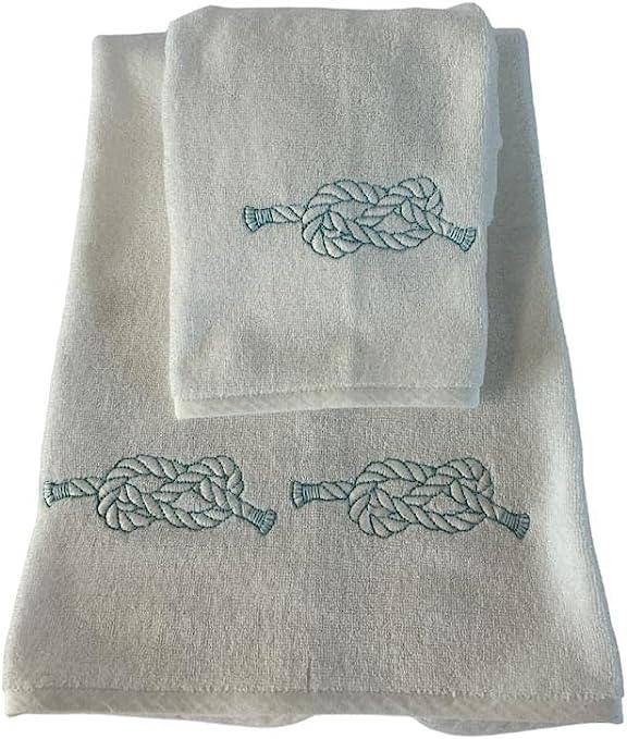 Set asciugamani artigianali bianchi con ricamo nodo marinaro azzurro