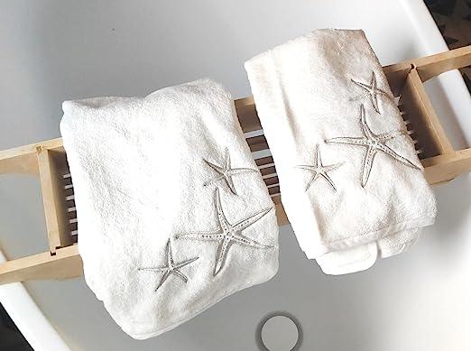 2-piece Towel Set (Face / Guest) fine cotton with embroidery, Luxury Yacht collection (White / Starfish)