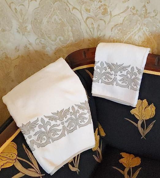 2-piece Towel Set (Face / Guest) fine linen with embroidery, Luxury Yacht collection (White / Grey)