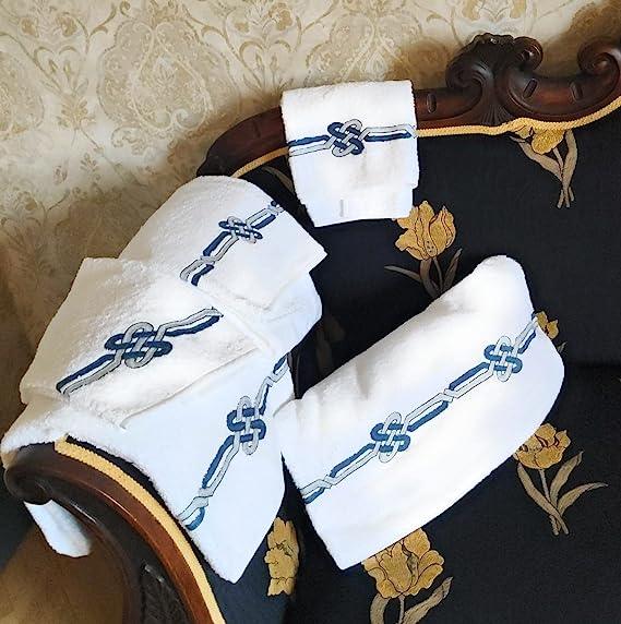 5 Piece Towel Set (Face / Guest) Fine Linen with Embroidery, Luxury Yacht Collection (White / Puerto Rico)