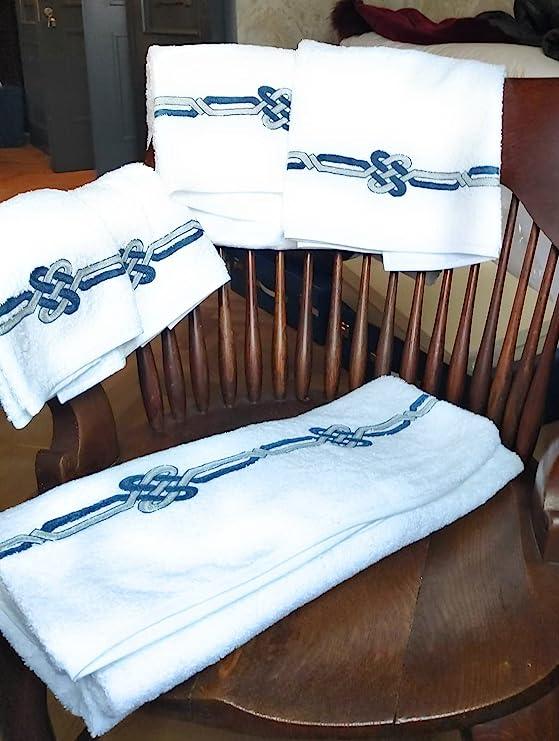 5 Piece Towel Set (Face / Guest) Fine Linen with Embroidery, Luxury Yacht Collection (White / Puerto Rico)