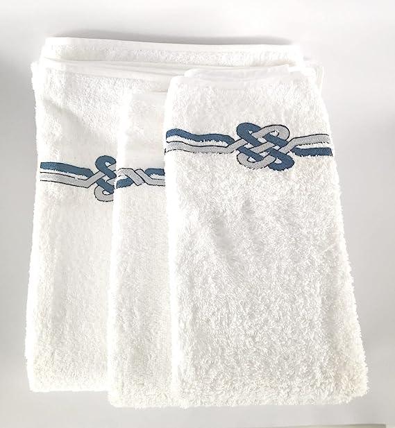 5 Piece Towel Set (Face / Guest) Fine Linen with Embroidery, Luxury Yacht Collection (White / Puerto Rico)