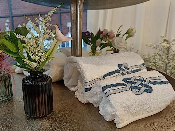 5 Piece Towel Set (Face / Guest) Fine Linen with Embroidery, Luxury Yacht Collection (White / Puerto Rico)