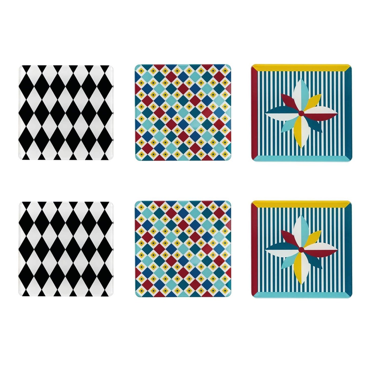 Sottobicchieri acrilici Vesta modello Foulard, fatti a mano in Italia, con motivi grafici rétro e ispirazione foulard couture