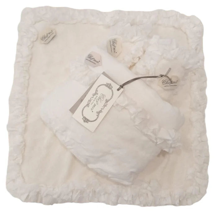 Set lavette artigianali in spugna con pizzo, pochette coordinata in lino, colore bianco, fatto a mano in Italia, ideale per ospiti o regalo raffinato