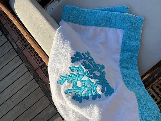 Beach towel Luxury collection by Marika De Paola, cotton, made in Italy, model: Coral (Light Blue / White)