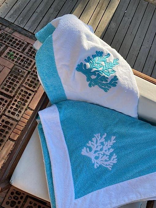 Beach towel Luxury collection by Marika De Paola, cotton, made in Italy, model: Coral (Light Blue / White)