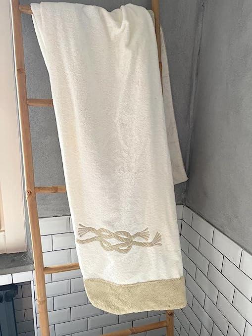 Beach towel Luxury collection by Marika De Paola, cotton, made in Italy, model: Nodo Marinaro (Beige / White)