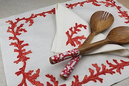Tovaglietta Americana con tovagliolo abbinato in PURO LINO modello Coralli, Bianco / Rosso, 100% made in Italy