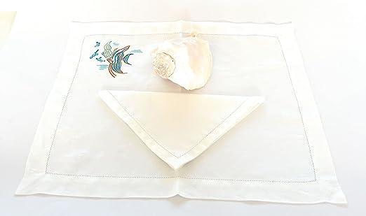 Set completo americano e tovagliolo in lino con ricamo pesci tropicali