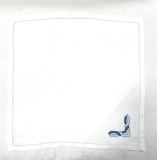Tovagliolo in lino bianco con nodo marinaro blu ricamato a mano, coordinati alla linea letto e bagno