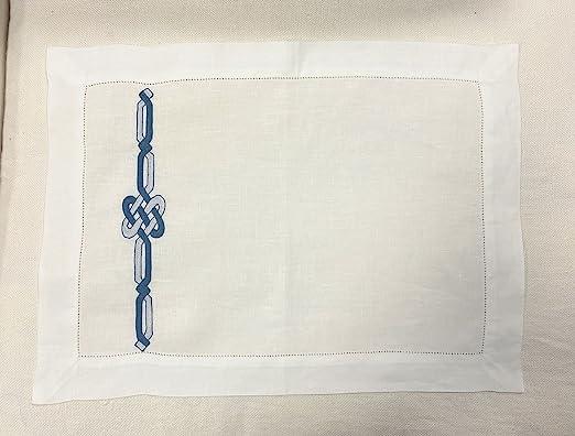 Tovaglietta in lino bianco con nodo marinaro blu ricamato a mano, coordinati alla linea letto e bagno