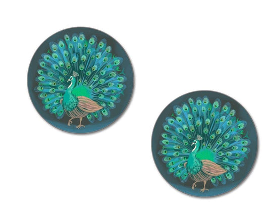 Sous-verres décorés de laque brillante et fond en liège - Design Jamida - 10 cm (Pavone Verde pack 2)