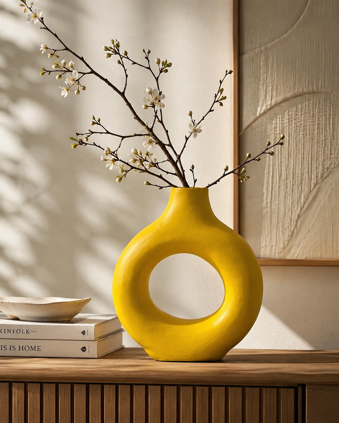 Vase Sculptural Anneau en Céramique – Jaune, Bleu et Lavande – 24 cm