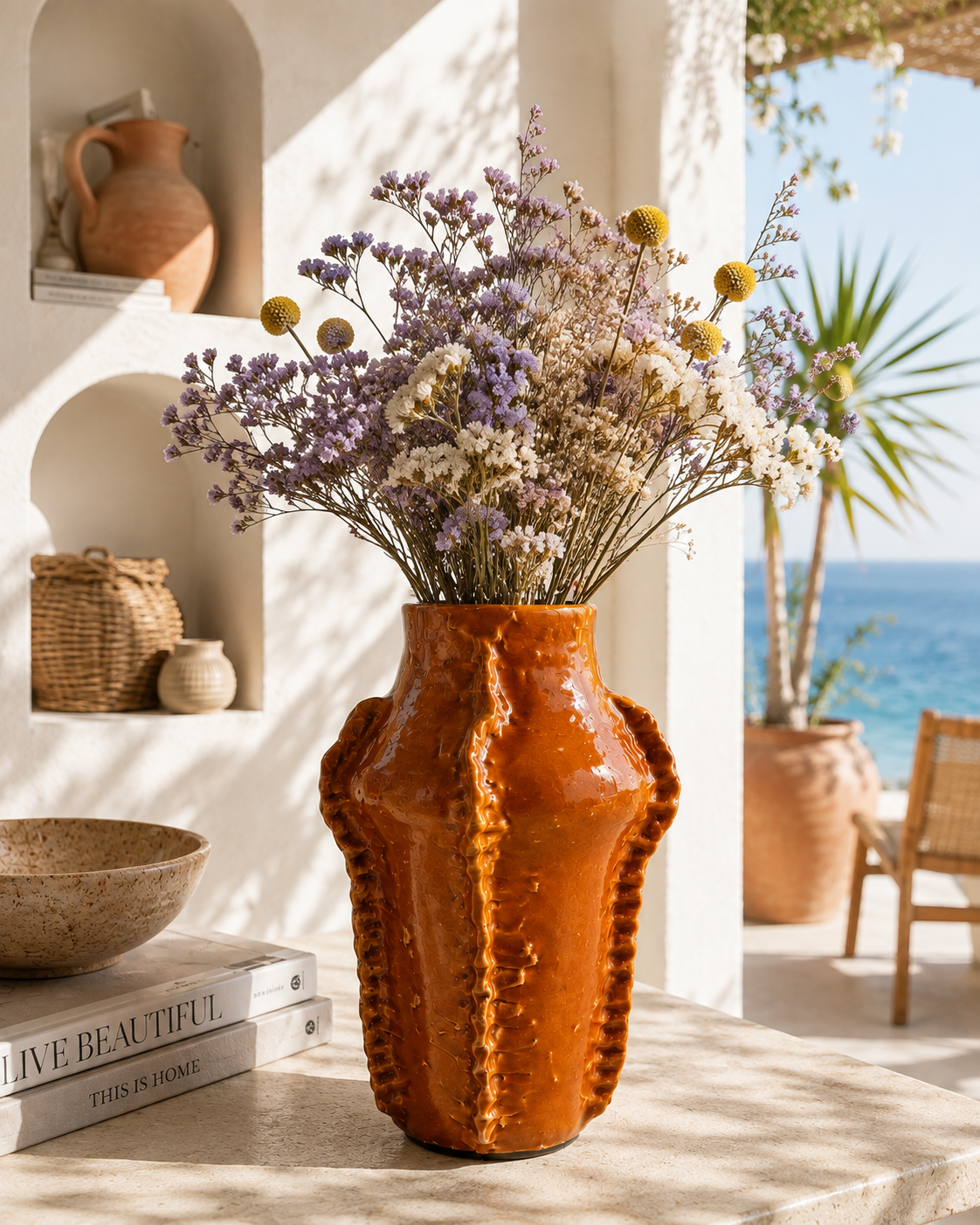 Vase en céramique couleur brique, fait main – texture sculpturale 28,5 cm