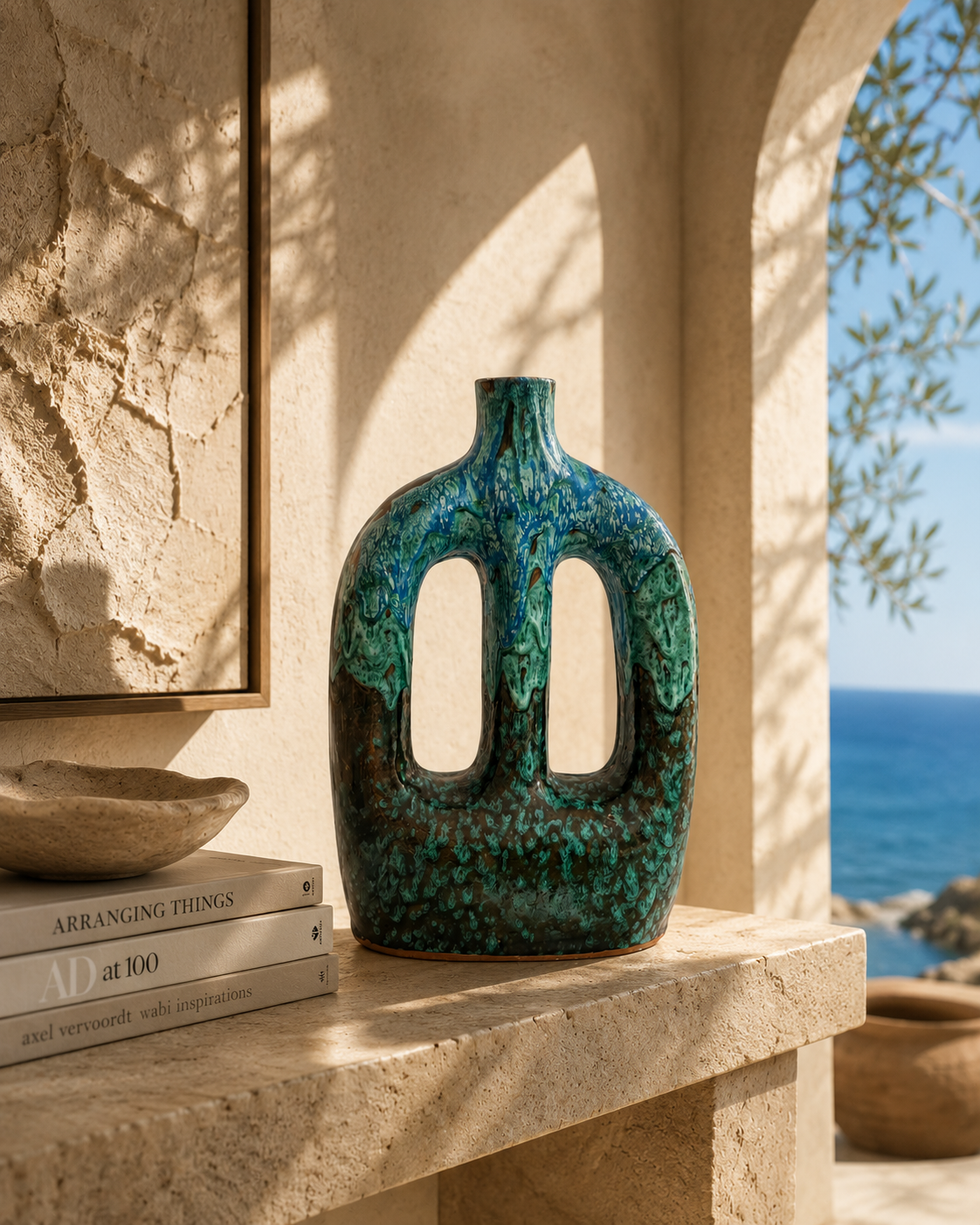 Vase en céramique verte fait main avec double anse – Design moderne